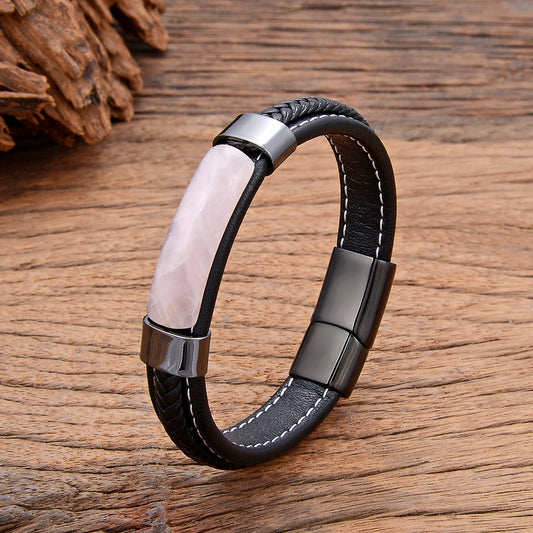 Natural Hematite Pink Crystal Tiger Eye Stone Bracelets Men's Jewelry Braided Leather Handmade Male Bangles New In 2022