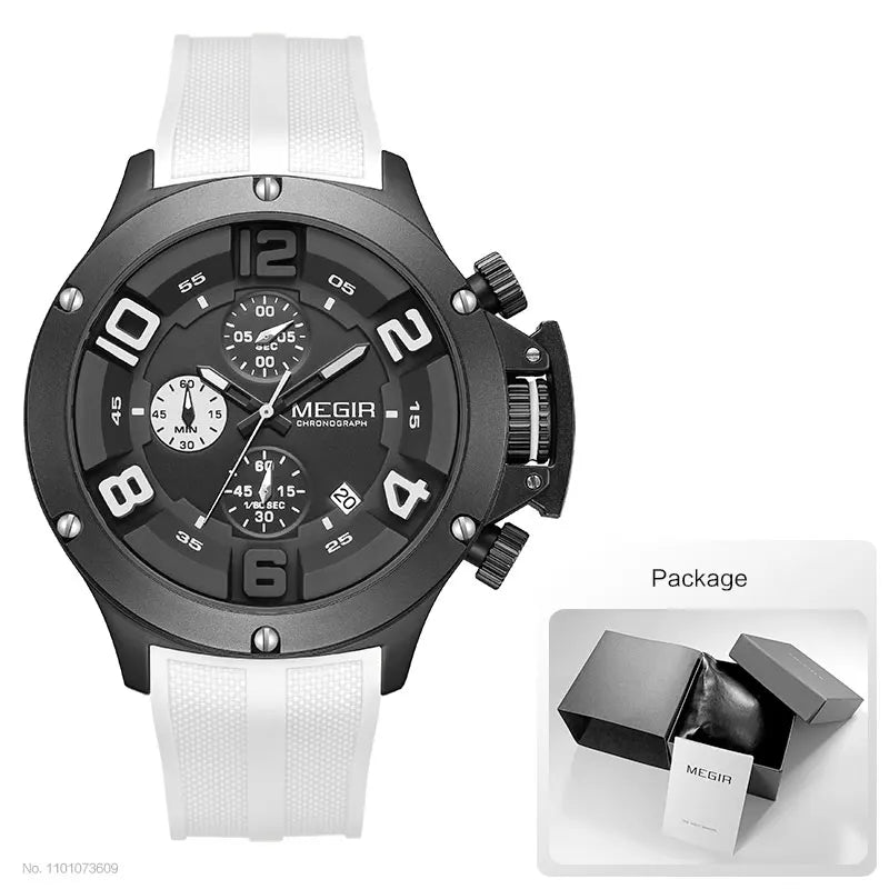 MEGIR Military Sport Quartz Watch Men Fashion Waterproof Wristwatch with Silicone Strap Luminous Hands Date Chronograph Black