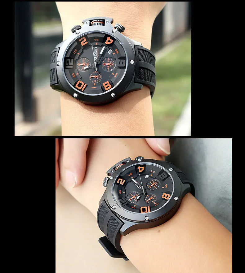 MEGIR Military Sport Quartz Watch Men Fashion Waterproof Wristwatch with Silicone Strap Luminous Hands Date Chronograph Black