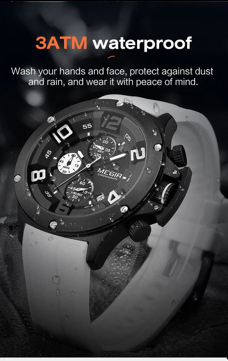 MEGIR Military Sport Quartz Watch Men Fashion Waterproof Wristwatch with Silicone Strap Luminous Hands Date Chronograph Black