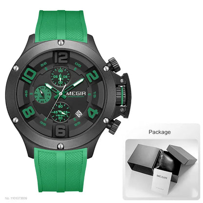 MEGIR Military Sport Quartz Watch Men Fashion Waterproof Wristwatch with Silicone Strap Luminous Hands Date Chronograph Black