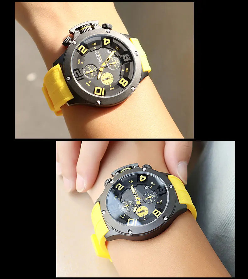MEGIR Military Sport Quartz Watch Men Fashion Waterproof Wristwatch with Silicone Strap Luminous Hands Date Chronograph Black