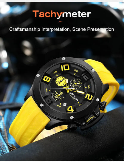 MEGIR Military Sport Quartz Watch Men Fashion Waterproof Wristwatch with Silicone Strap Luminous Hands Date Chronograph Black