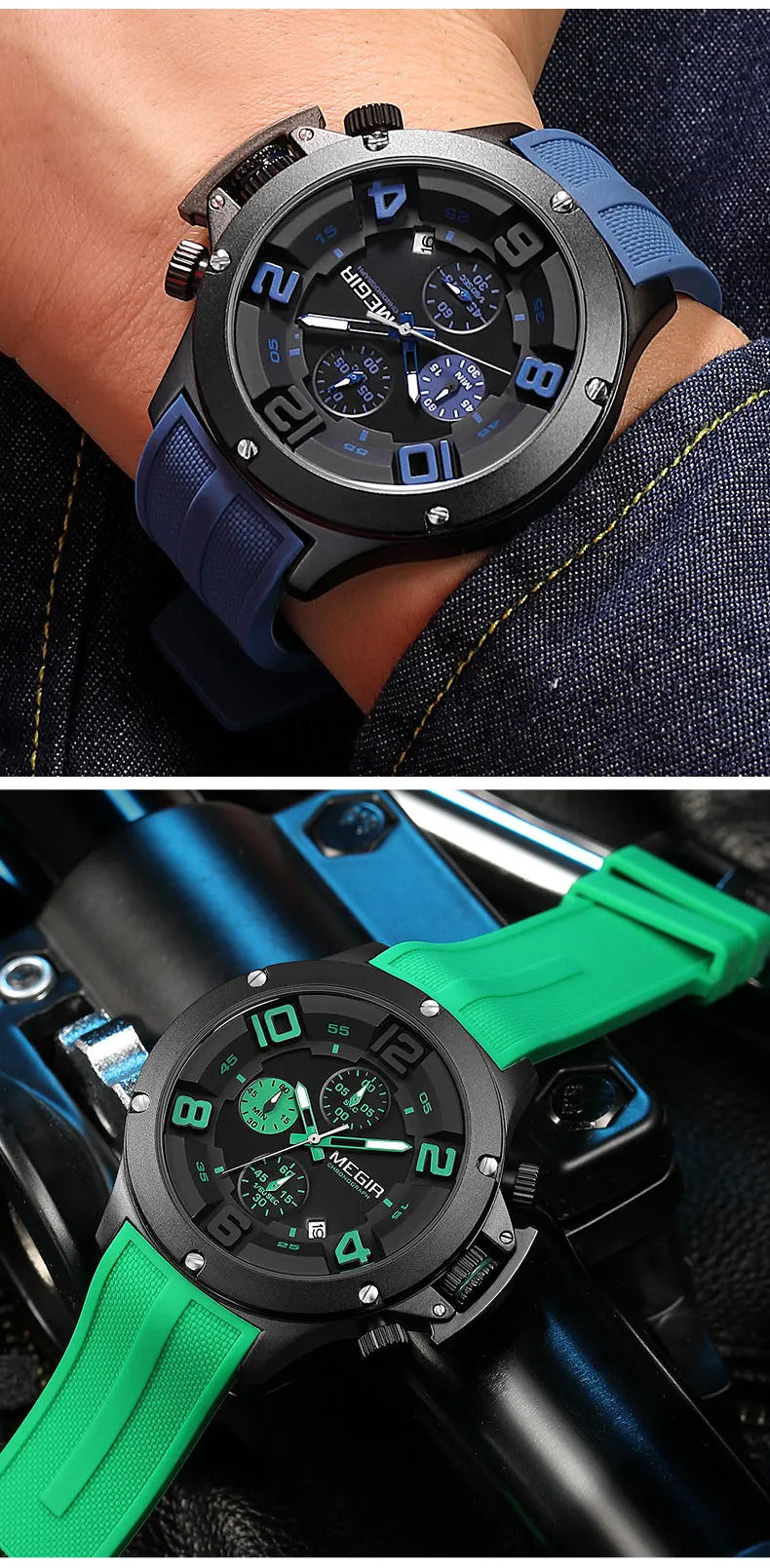 MEGIR Military Sport Quartz Watch Men Fashion Waterproof Wristwatch with Silicone Strap Luminous Hands Date Chronograph Black