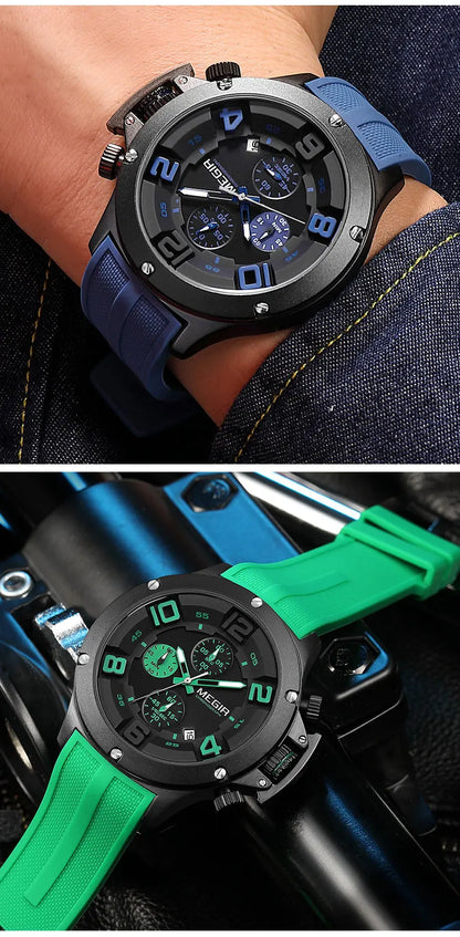MEGIR Military Sport Quartz Watch Men Fashion Waterproof Wristwatch with Silicone Strap Luminous Hands Date Chronograph Black