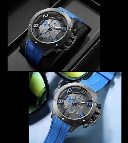 MEGIR Military Sport Quartz Watch Men Fashion Waterproof Wristwatch with Silicone Strap Luminous Hands Date Chronograph Black