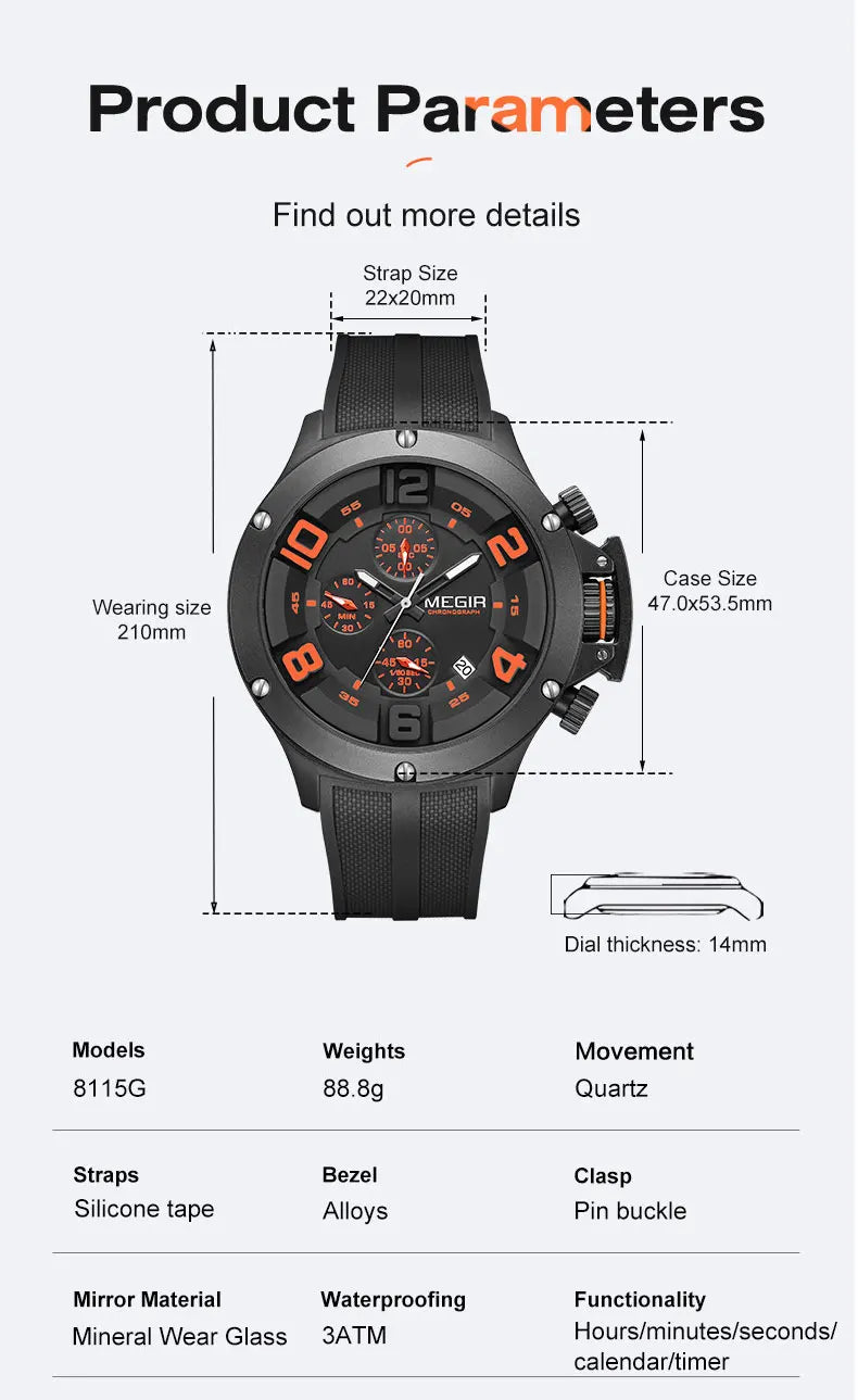 MEGIR Military Sport Quartz Watch Men Fashion Waterproof Wristwatch with Silicone Strap Luminous Hands Date Chronograph Black