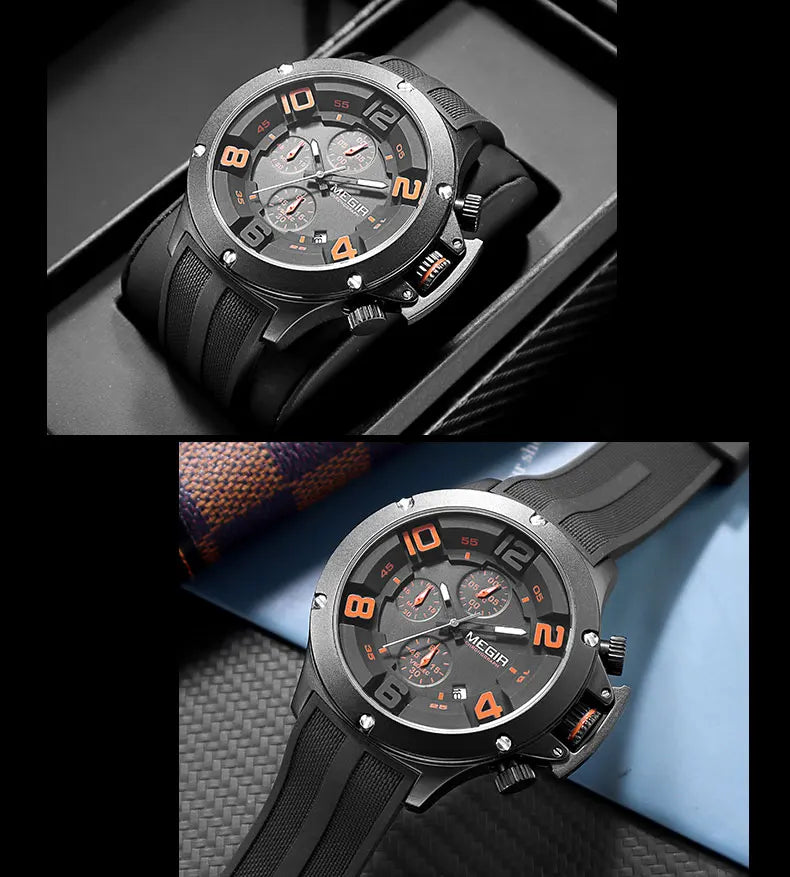 MEGIR Military Sport Quartz Watch Men Fashion Waterproof Wristwatch with Silicone Strap Luminous Hands Date Chronograph Black