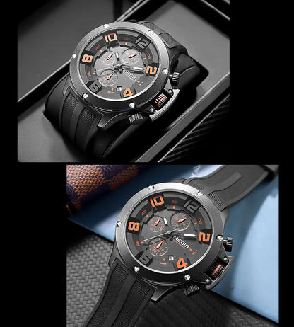 MEGIR Military Sport Quartz Watch Men Fashion Waterproof Wristwatch with Silicone Strap Luminous Hands Date Chronograph Black