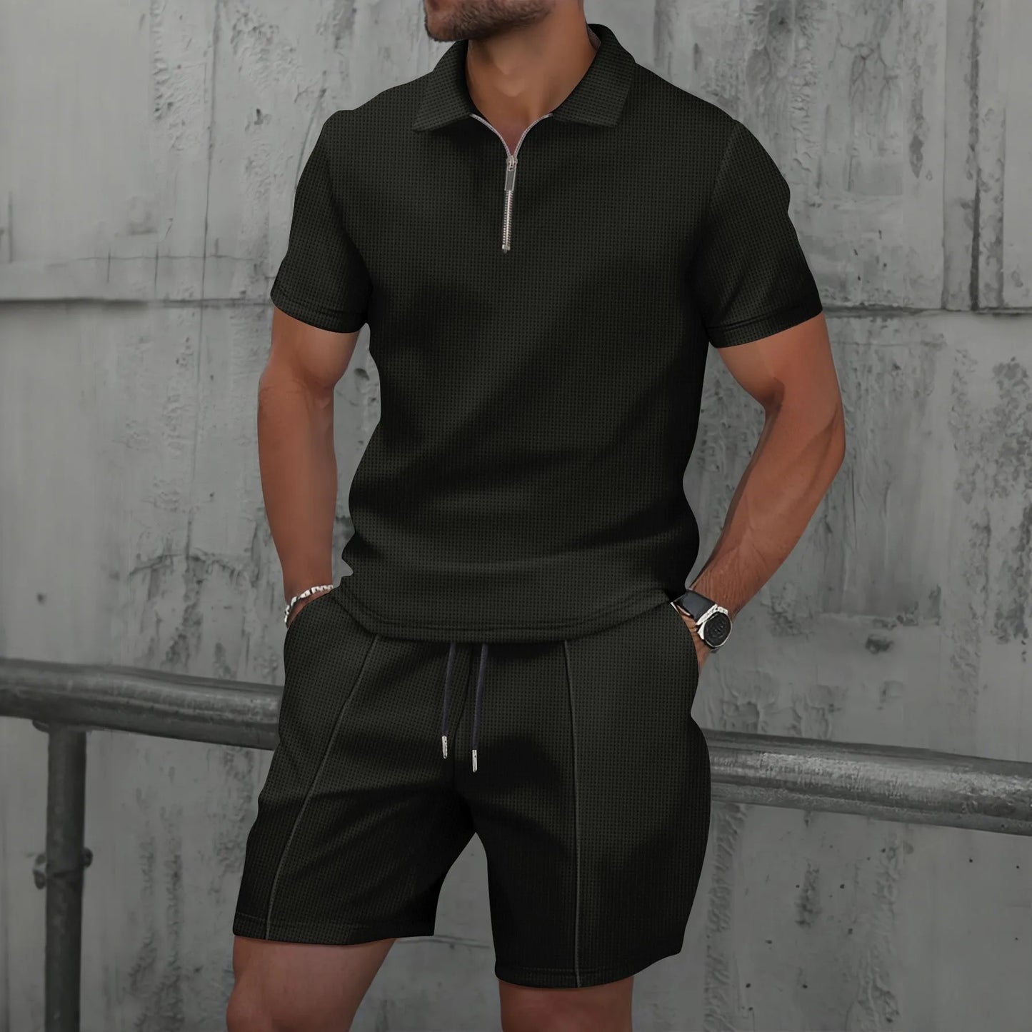 2026 Men Europe and the United States new summer Waffle solid color zip-up lapel short-sleeve suit shorts two sets