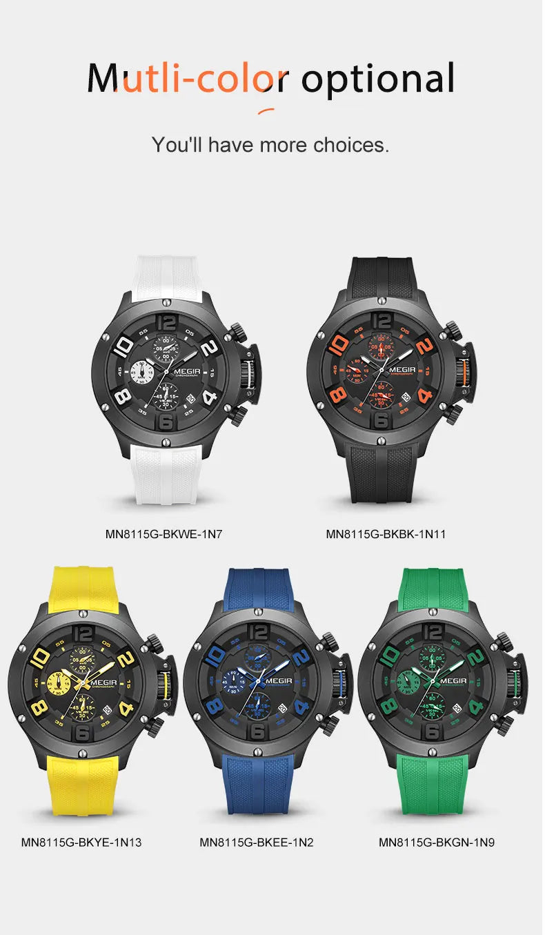 MEGIR Military Sport Quartz Watch Men Fashion Waterproof Wristwatch with Silicone Strap Luminous Hands Date Chronograph Black