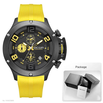 MEGIR Military Sport Quartz Watch Men Fashion Waterproof Wristwatch with Silicone Strap Luminous Hands Date Chronograph Black