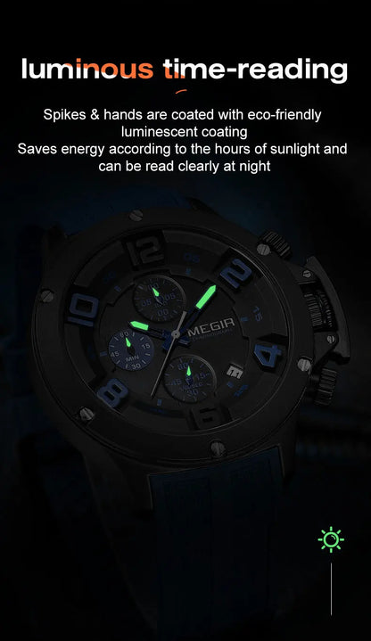 MEGIR Military Sport Quartz Watch Men Fashion Waterproof Wristwatch with Silicone Strap Luminous Hands Date Chronograph Black