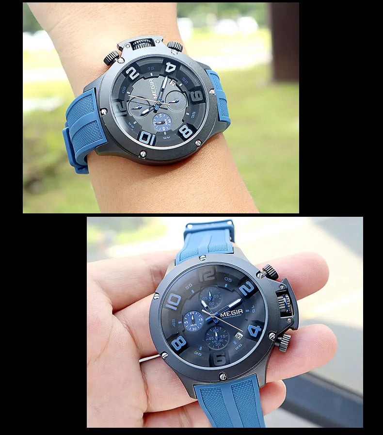 MEGIR Military Sport Quartz Watch Men Fashion Waterproof Wristwatch with Silicone Strap Luminous Hands Date Chronograph Black