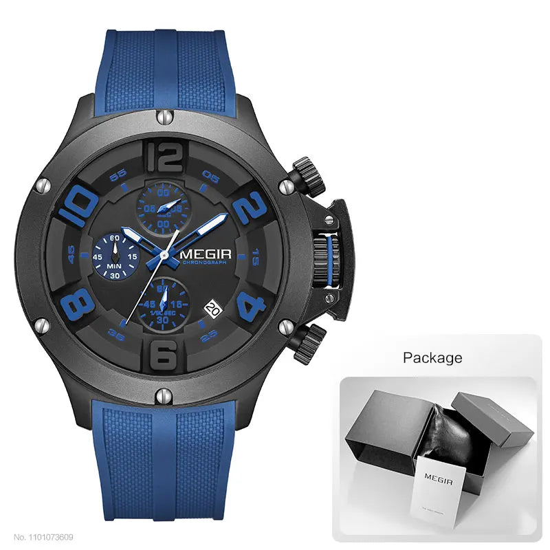 MEGIR Military Sport Quartz Watch Men Fashion Waterproof Wristwatch with Silicone Strap Luminous Hands Date Chronograph Black