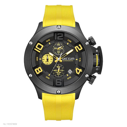 MEGIR Military Sport Quartz Watch Men Fashion Waterproof Wristwatch with Silicone Strap Luminous Hands Date Chronograph Black
