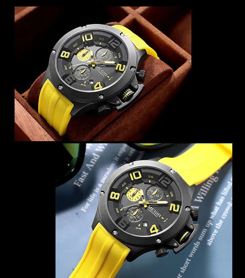 MEGIR Military Sport Quartz Watch Men Fashion Waterproof Wristwatch with Silicone Strap Luminous Hands Date Chronograph Black