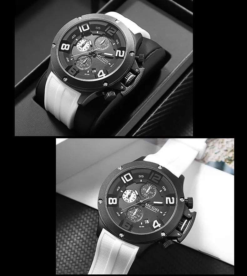 MEGIR Military Sport Quartz Watch Men Fashion Waterproof Wristwatch with Silicone Strap Luminous Hands Date Chronograph Black