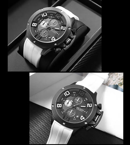 MEGIR Military Sport Quartz Watch Men Fashion Waterproof Wristwatch with Silicone Strap Luminous Hands Date Chronograph Black