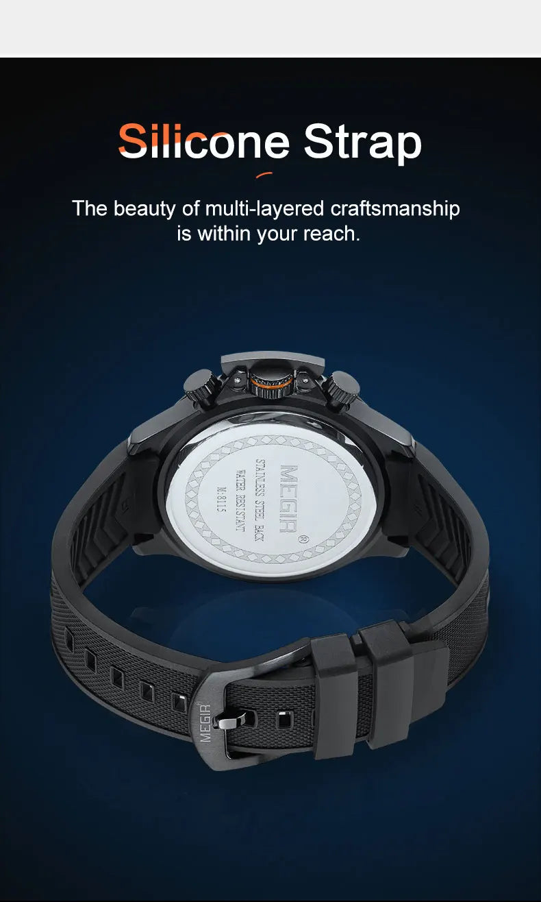 MEGIR Military Sport Quartz Watch Men Fashion Waterproof Wristwatch with Silicone Strap Luminous Hands Date Chronograph Black