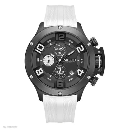 MEGIR Military Sport Quartz Watch Men Fashion Waterproof Wristwatch with Silicone Strap Luminous Hands Date Chronograph Black