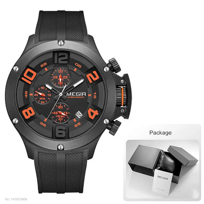 MEGIR Military Sport Quartz Watch Men Fashion Waterproof Wristwatch with Silicone Strap Luminous Hands Date Chronograph Black