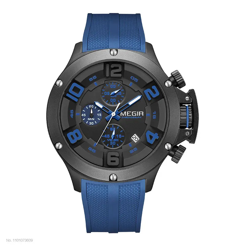 MEGIR Military Sport Quartz Watch Men Fashion Waterproof Wristwatch with Silicone Strap Luminous Hands Date Chronograph Black