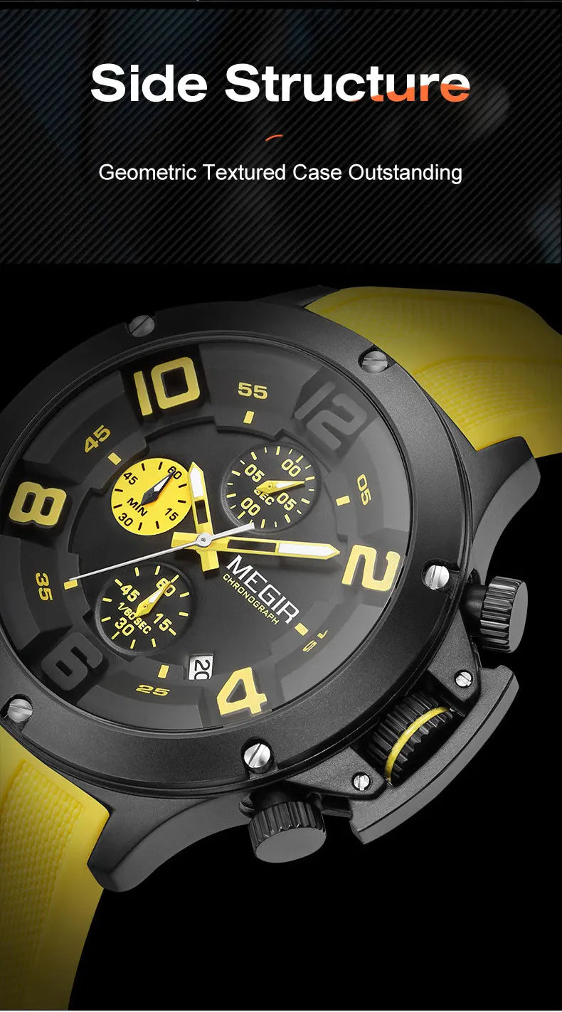 MEGIR Military Sport Quartz Watch Men Fashion Waterproof Wristwatch with Silicone Strap Luminous Hands Date Chronograph Black