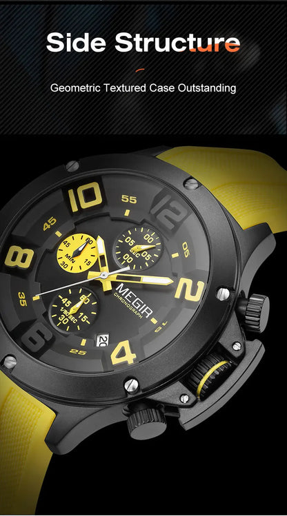 MEGIR Military Sport Quartz Watch Men Fashion Waterproof Wristwatch with Silicone Strap Luminous Hands Date Chronograph Black