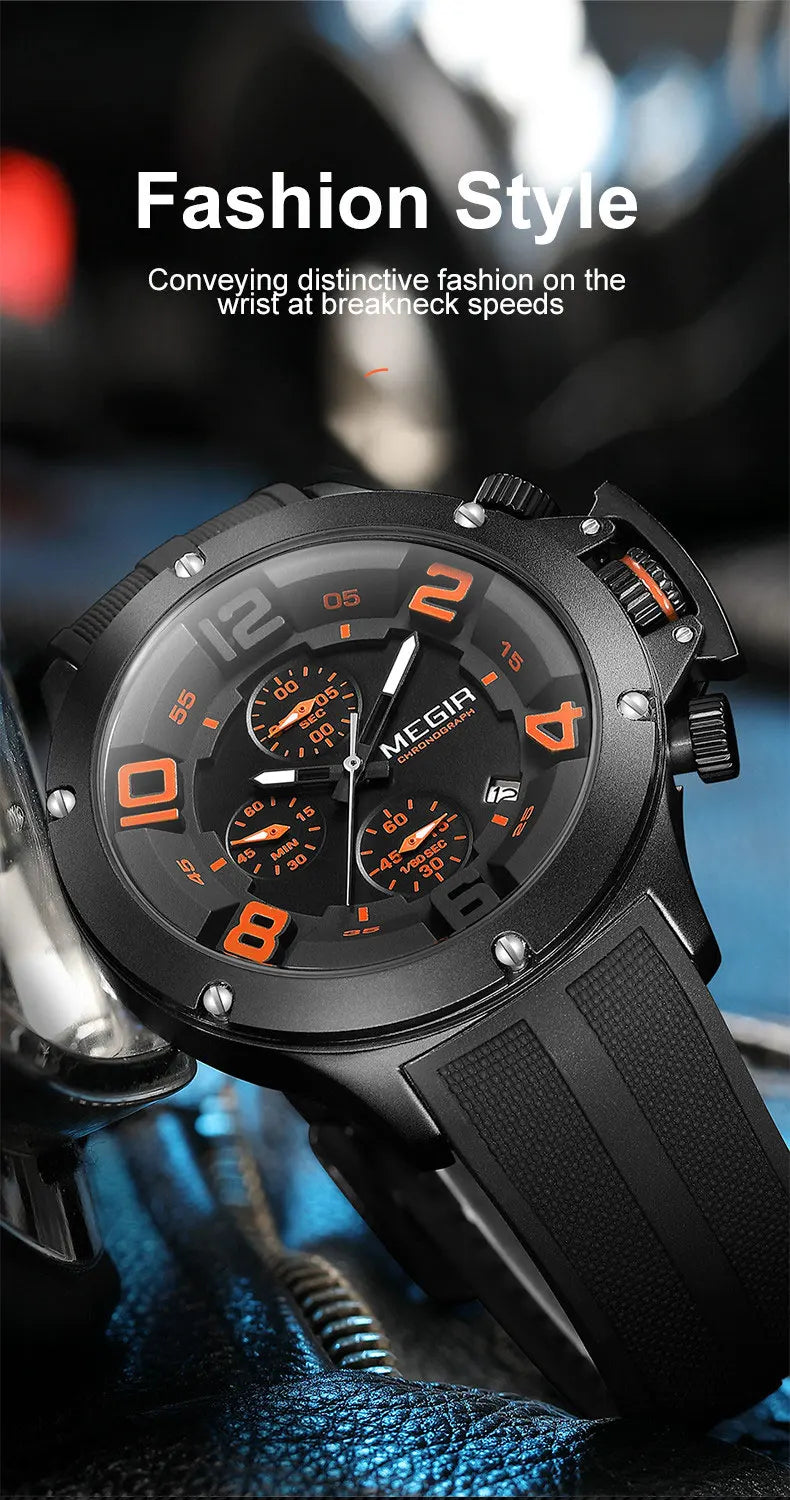 MEGIR Military Sport Quartz Watch Men Fashion Waterproof Wristwatch with Silicone Strap Luminous Hands Date Chronograph Black