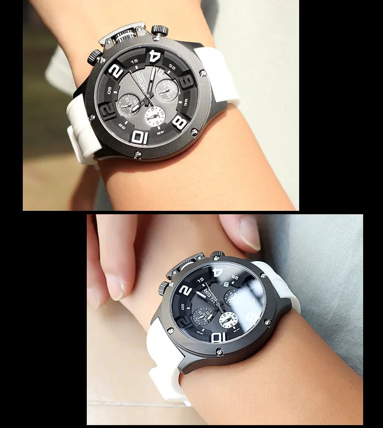 MEGIR Military Sport Quartz Watch Men Fashion Waterproof Wristwatch with Silicone Strap Luminous Hands Date Chronograph Black
