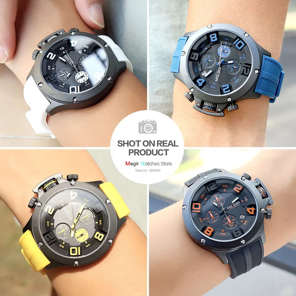 MEGIR Military Sport Quartz Watch Men Fashion Waterproof Wristwatch with Silicone Strap Luminous Hands Date Chronograph Black