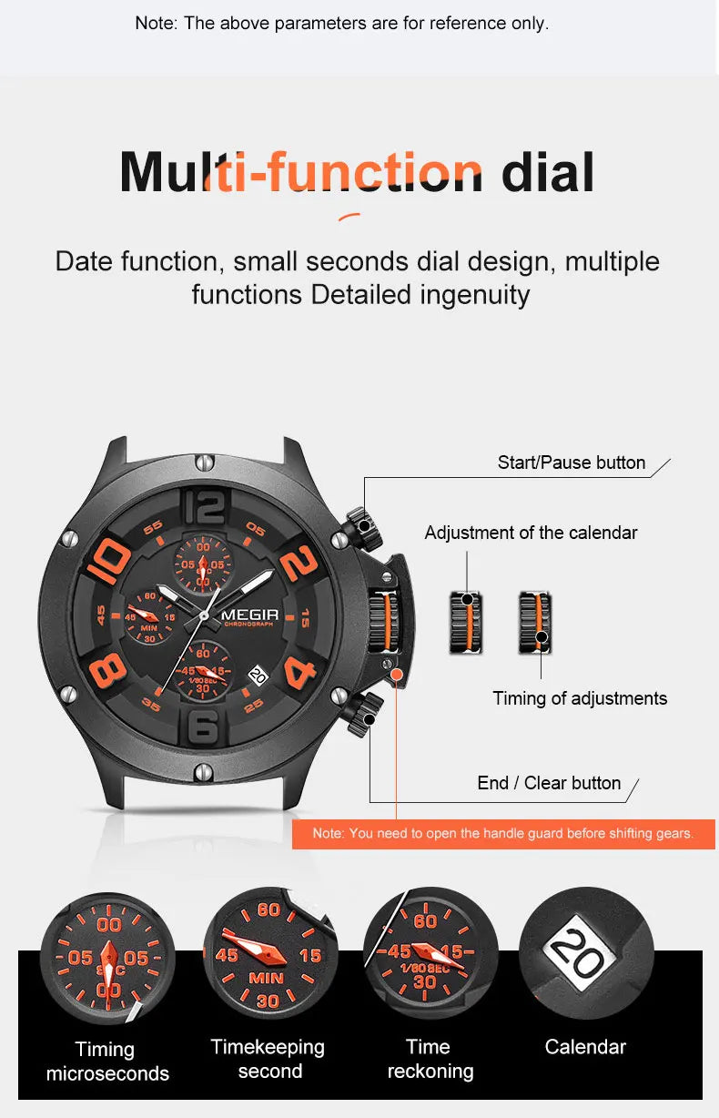 MEGIR Military Sport Quartz Watch Men Fashion Waterproof Wristwatch with Silicone Strap Luminous Hands Date Chronograph Black
