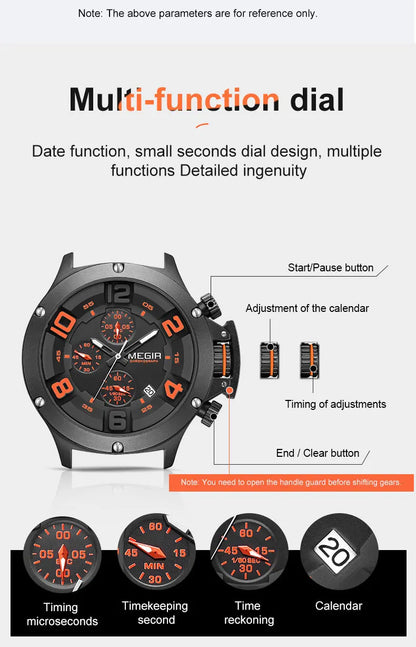MEGIR Military Sport Quartz Watch Men Fashion Waterproof Wristwatch with Silicone Strap Luminous Hands Date Chronograph Black