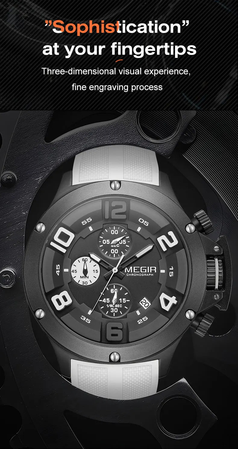 MEGIR Military Sport Quartz Watch Men Fashion Waterproof Wristwatch with Silicone Strap Luminous Hands Date Chronograph Black