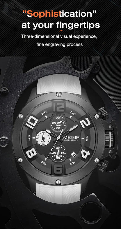 MEGIR Military Sport Quartz Watch Men Fashion Waterproof Wristwatch with Silicone Strap Luminous Hands Date Chronograph Black