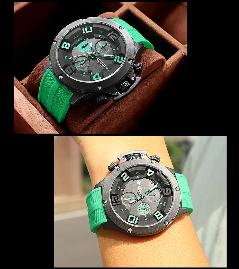MEGIR Military Sport Quartz Watch Men Fashion Waterproof Wristwatch with Silicone Strap Luminous Hands Date Chronograph Black