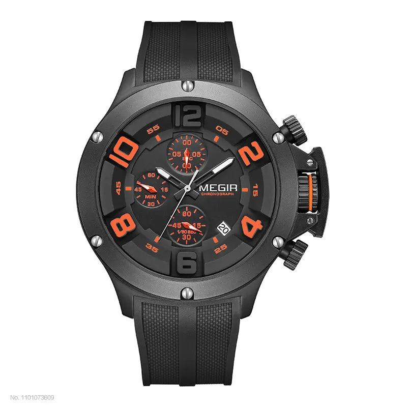 MEGIR Military Sport Quartz Watch Men Fashion Waterproof Wristwatch with Silicone Strap Luminous Hands Date Chronograph Black