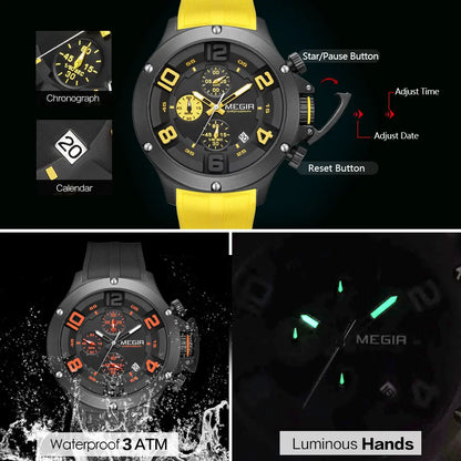 MEGIR Military Sport Quartz Watch Men Fashion Waterproof Wristwatch with Silicone Strap Luminous Hands Date Chronograph Black