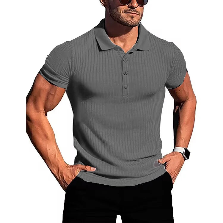 Men's running sports fitness wear summer high stretch vertical short-sleeved POLO shirt slim knit base shirt