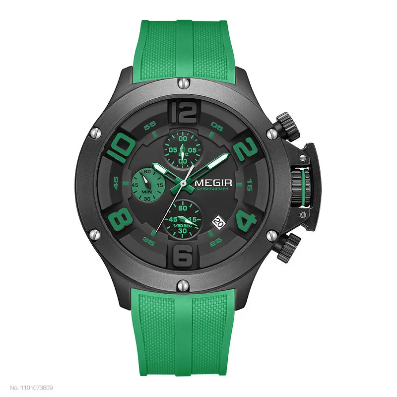 MEGIR Military Sport Quartz Watch Men Fashion Waterproof Wristwatch with Silicone Strap Luminous Hands Date Chronograph Black