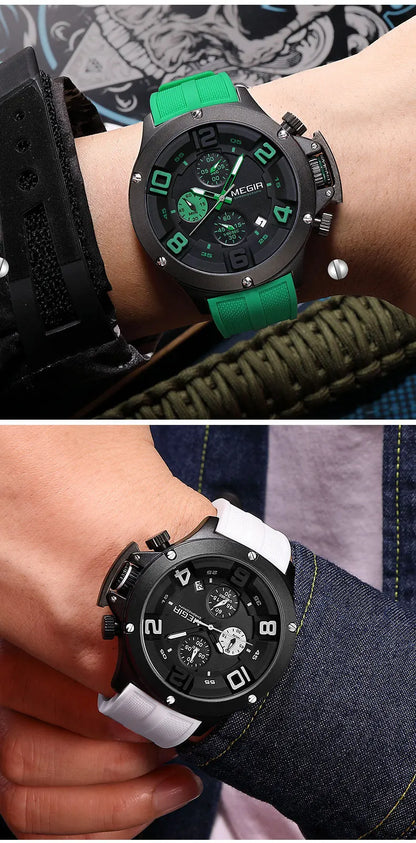 MEGIR Military Sport Quartz Watch Men Fashion Waterproof Wristwatch with Silicone Strap Luminous Hands Date Chronograph Black